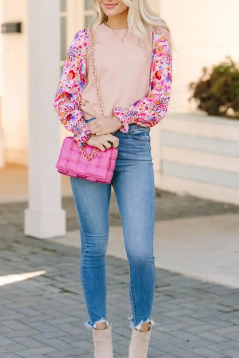 Printed Round Neck Flounce Sleeve Sweater - Love Salve